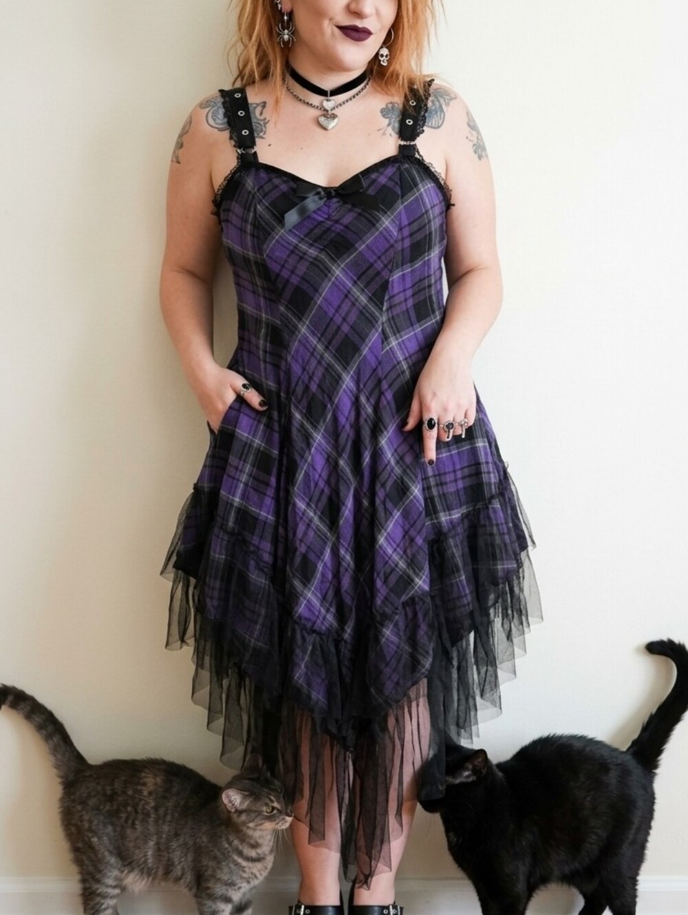 RARE Vintage Lip Service Purple Plaid Ruffle Dress w/Lace Trim & Tuelle, Pockets - Picture 3 of 14